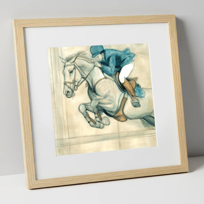 Suspended Flight show jumping horse art print in natural frame