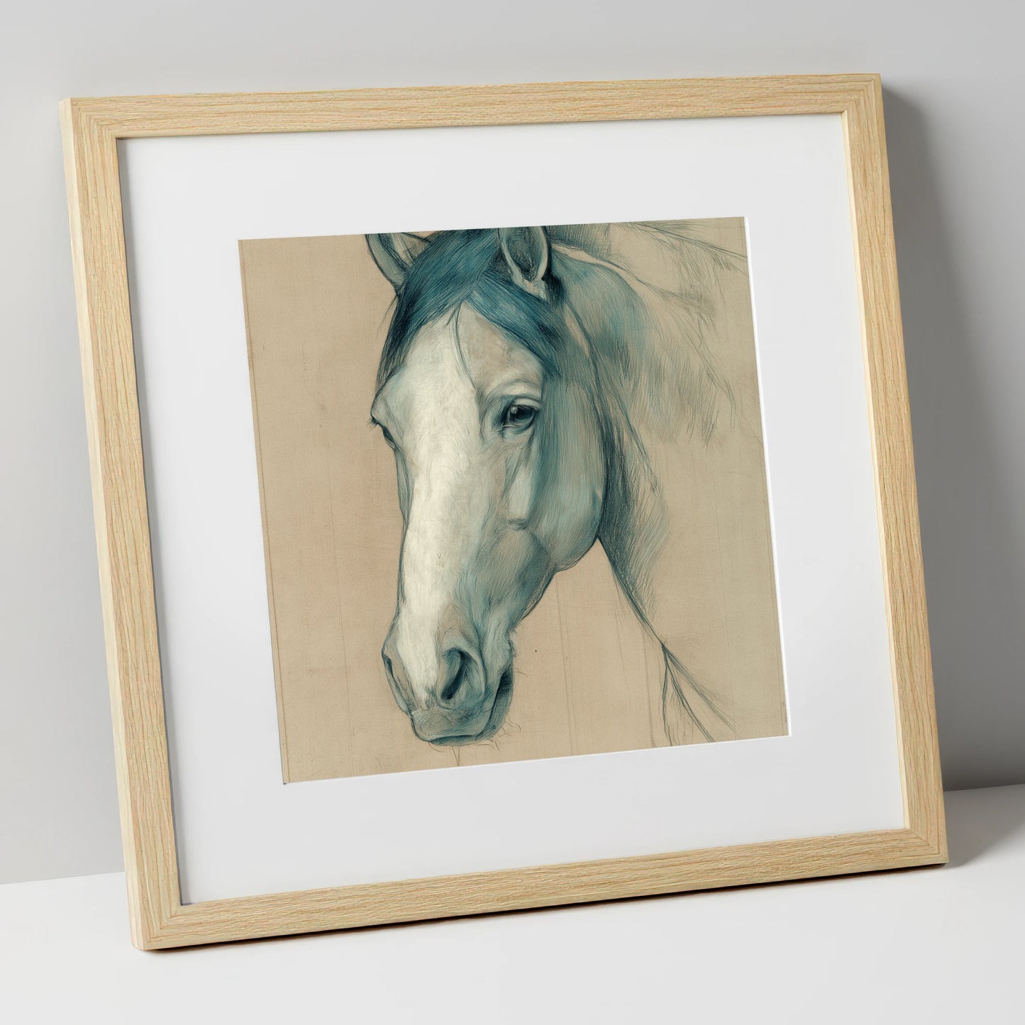 Azure Equine Study horse portrait art print in natural frame