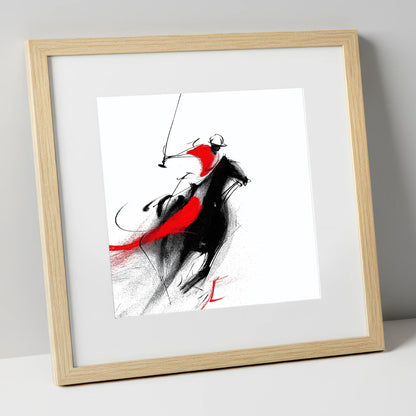 Dynamic Strike polo horse art print in natural frame