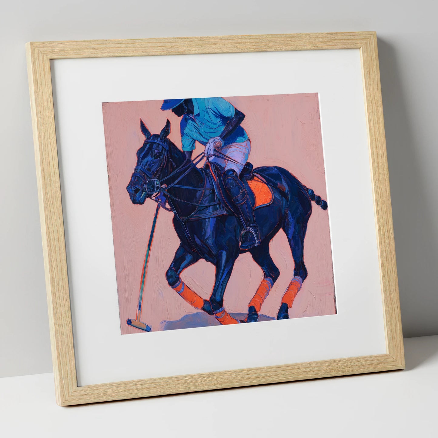 The Indigo Strike polo horse art print in natural frame