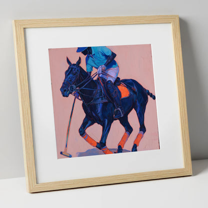 The Indigo Strike polo horse art print in natural frame