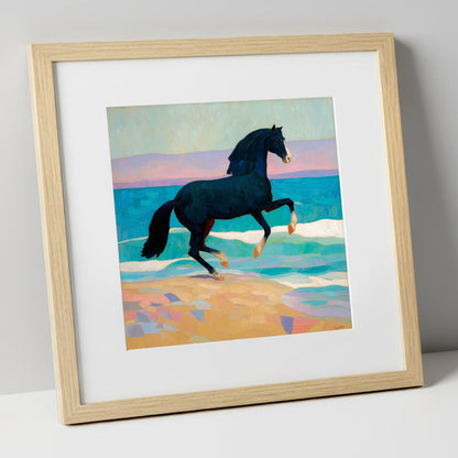 Azure Coastal Rhythm horse landscape art print in natural frame