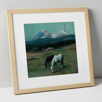 Companions Beneath the Peak horse landscape art print in natural frame