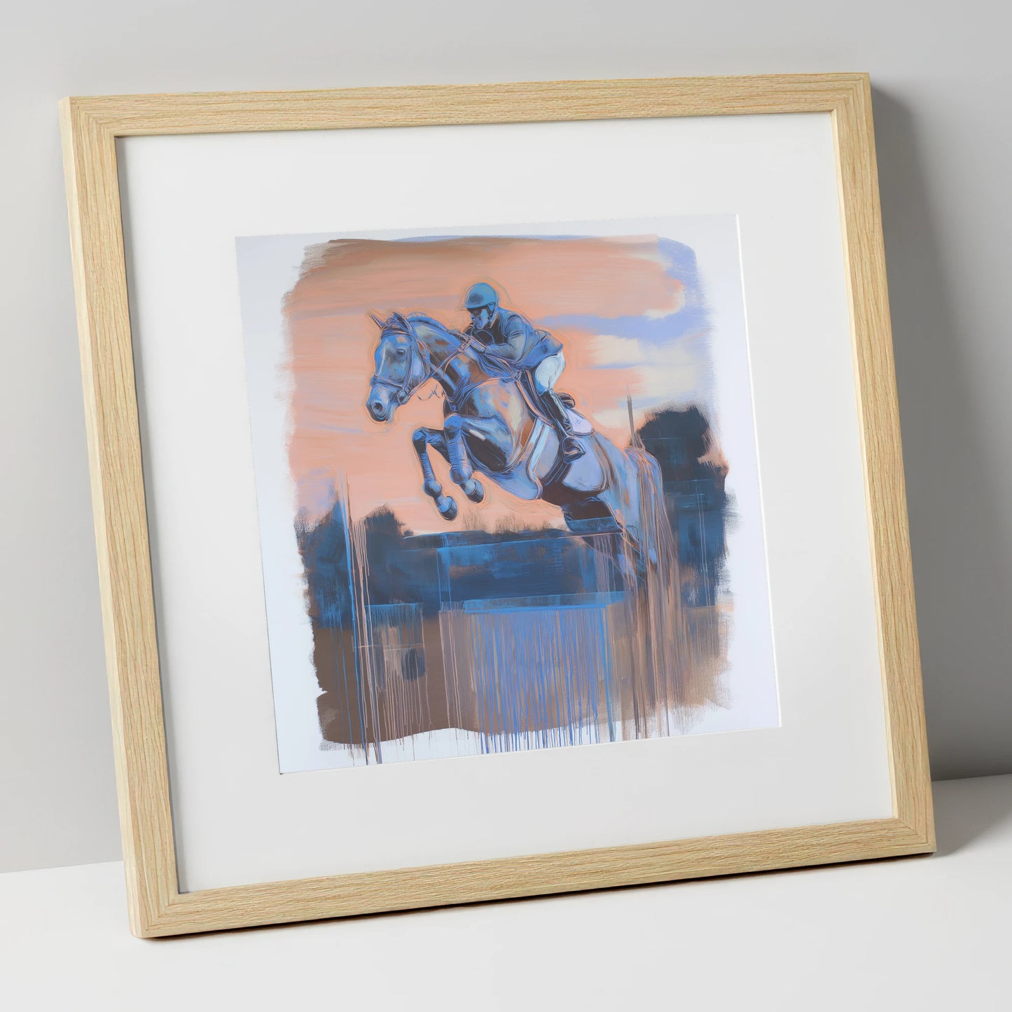 Cobalt Clearance show jumping horse art print in natural frame
