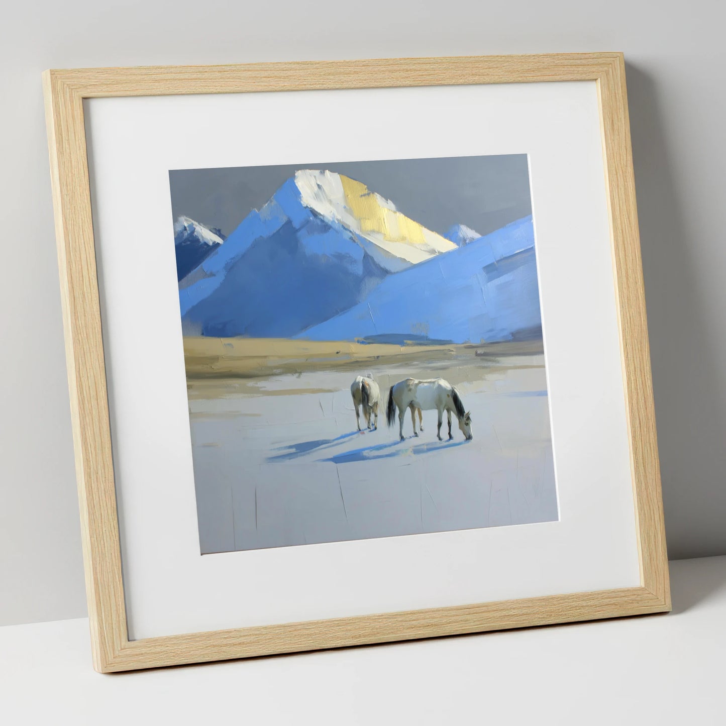Golden Peak Grazing horse landscape art print in natural frame