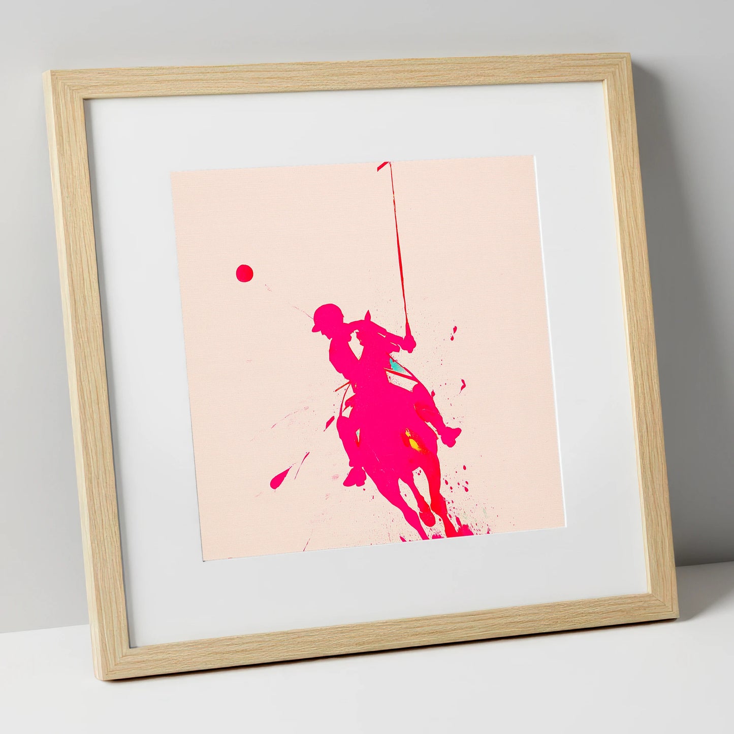 Vivid Polo Strike polo horse art print in natural frame