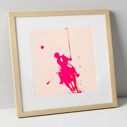Vivid Polo Strike polo horse art print in natural frame