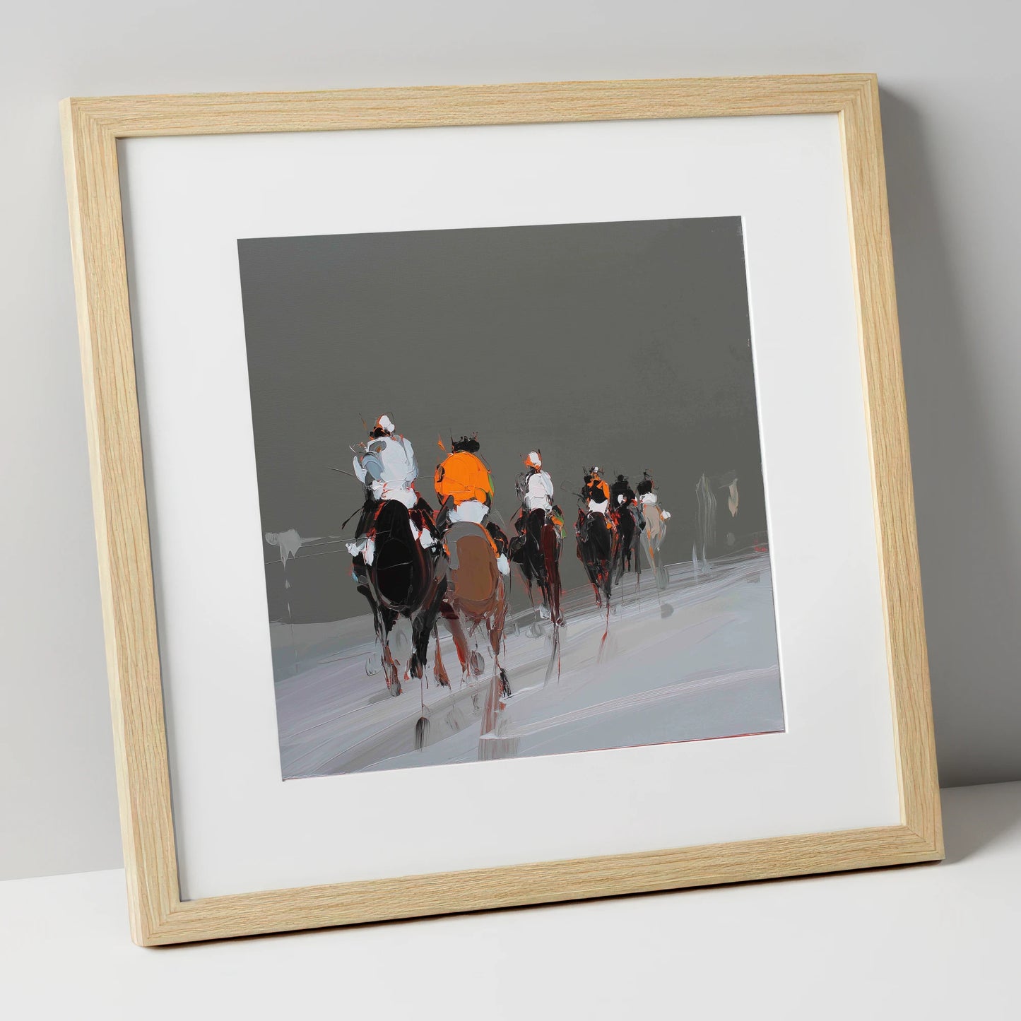 Through the Grey racing horse art print in natural frame