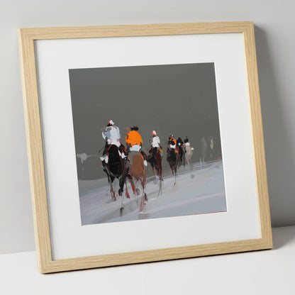 Through the Grey racing horse art print in natural frame