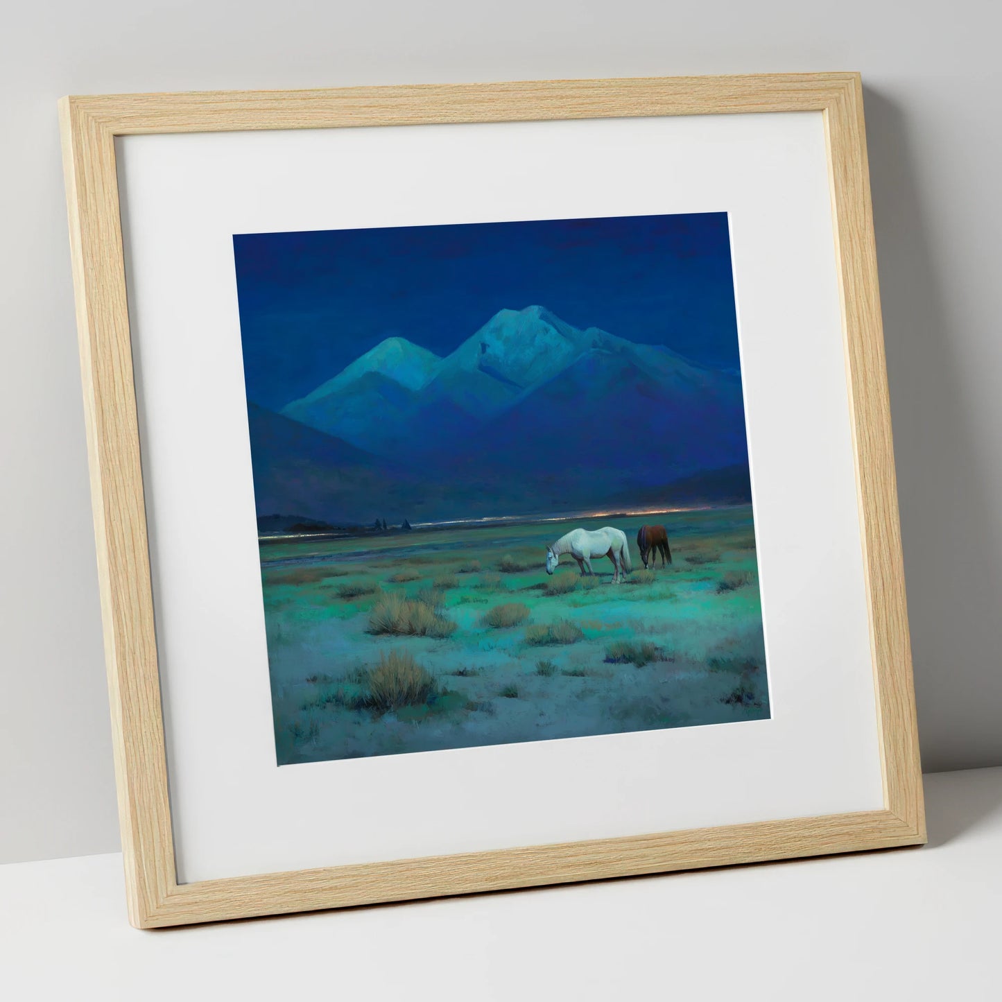 Indigo Night Pasture horse landscape art print in natural frame