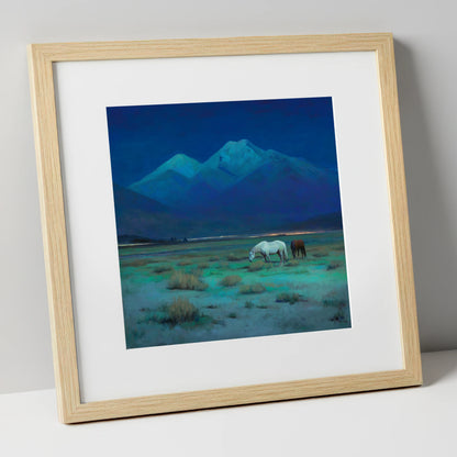 Indigo Night Pasture horse landscape art print in natural frame