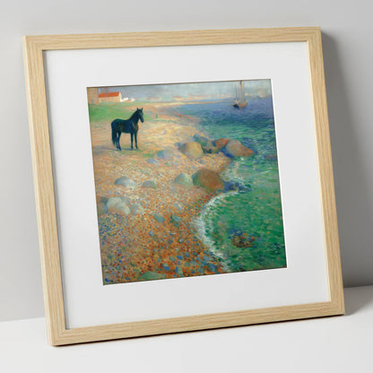 Shoreline Solitude horse landscape art print in natural frame