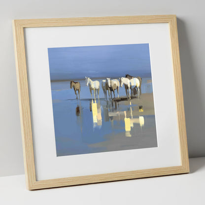 Reflections in Blue wild horses art print in natural frame