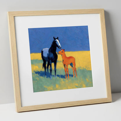 Azure Summer Bond mare & foal art print in natural frame