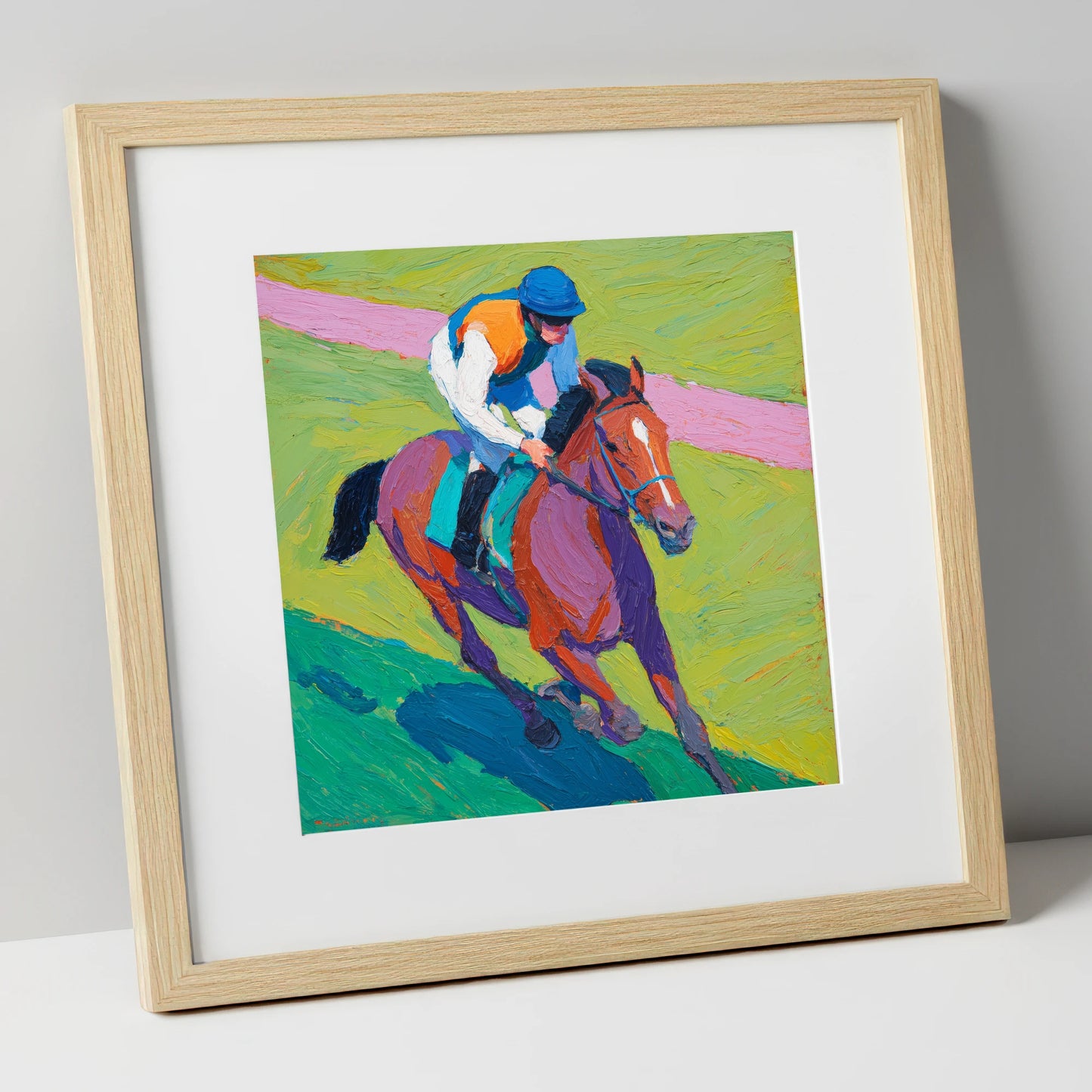 The Painted Pace racing horse art print in natural frame