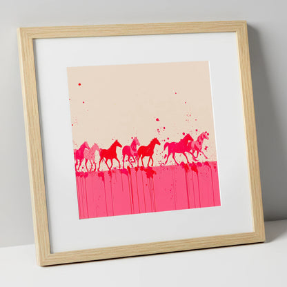 Magenta Motion wild horses art print in natural frame
