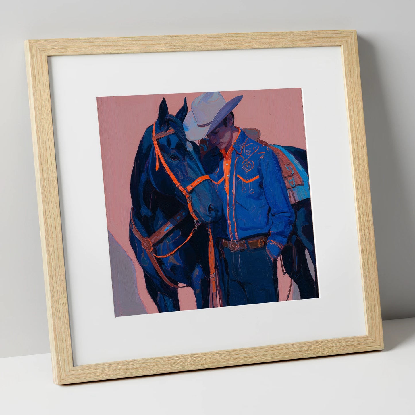 Electric Indigo Bond western horse art print in natural frame