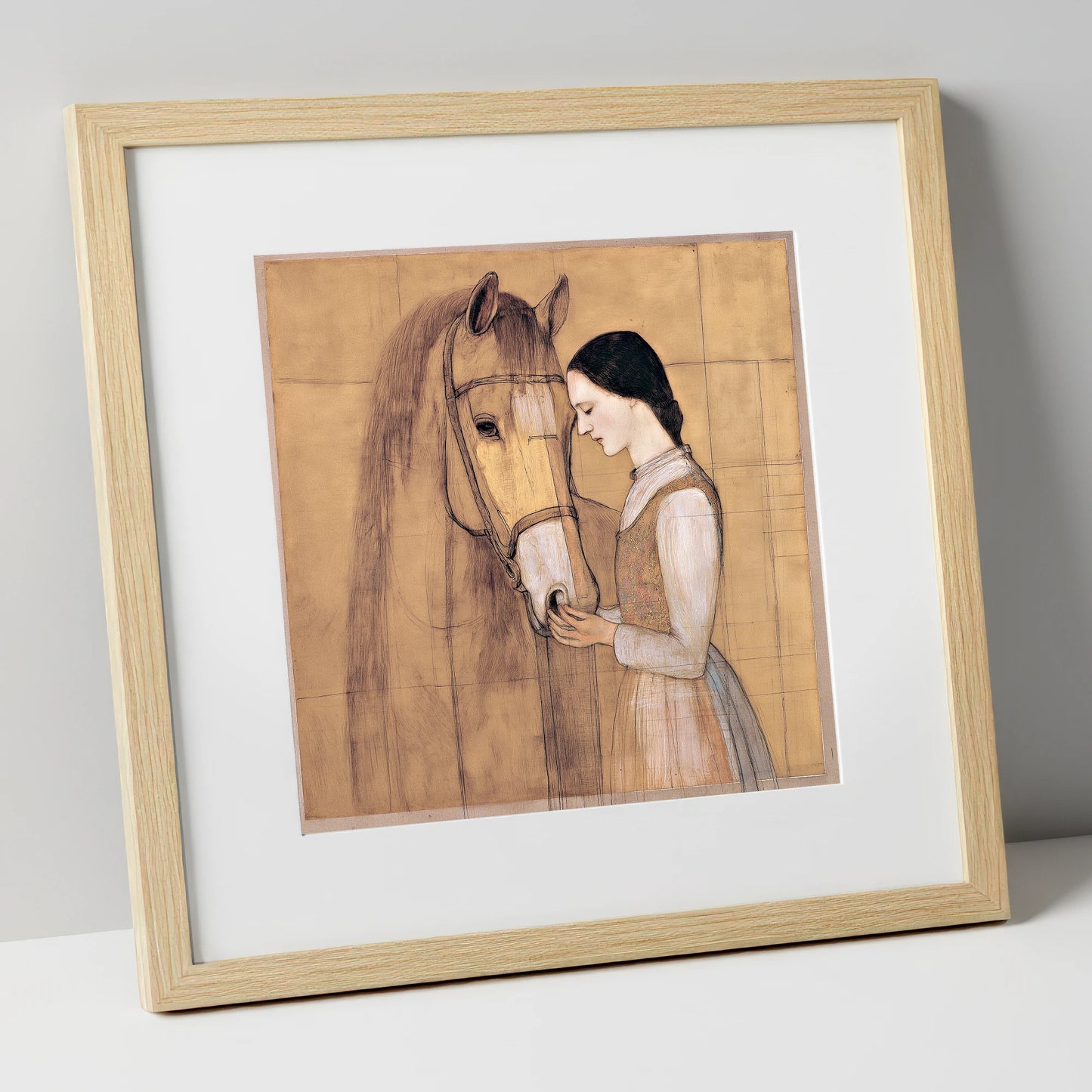 Quiet Connection horse & rider art print in natural frame
