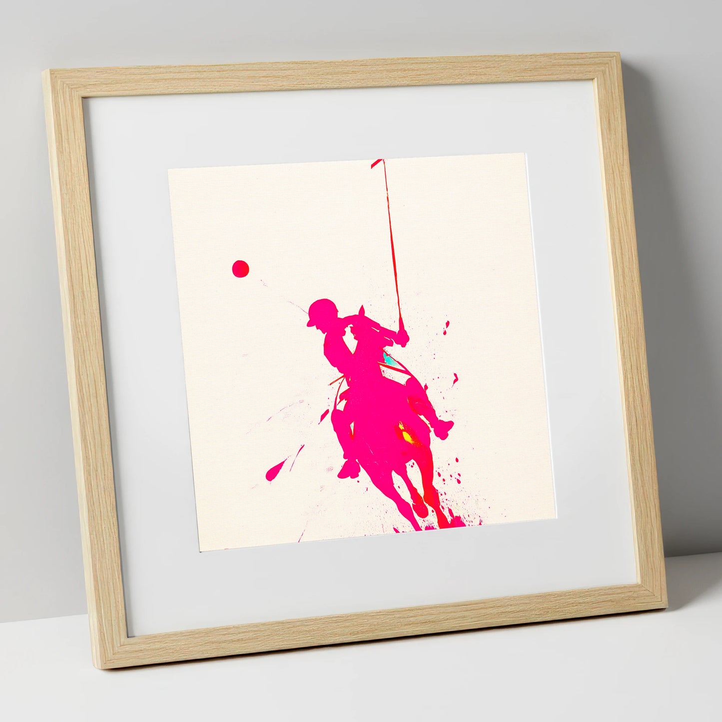 Vivid Polo Strike polo horse art print in natural frame