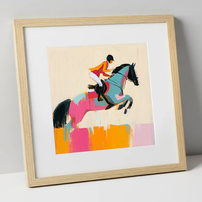 Technicolour Flight show jumping horse art print in natural frame
