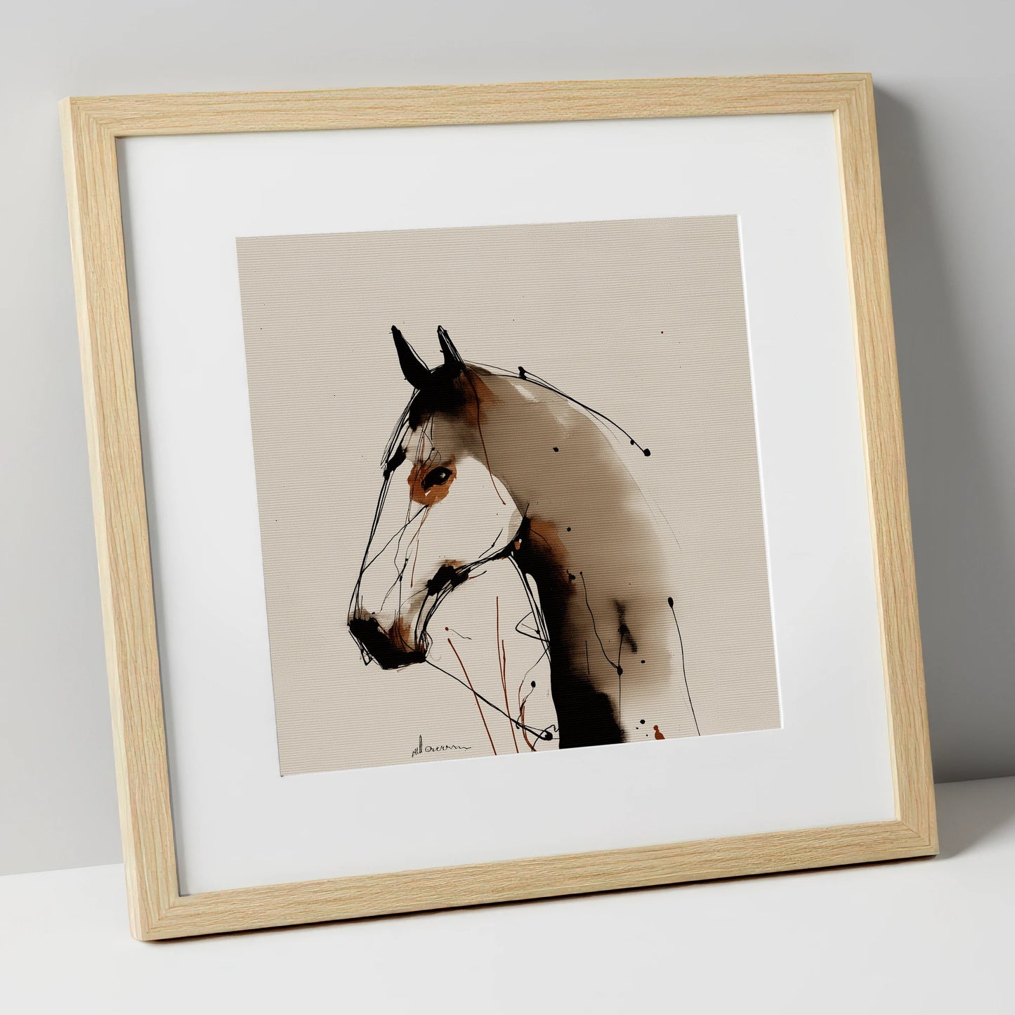 Sepia Ink Silhouette horse portrait art print in natural frame