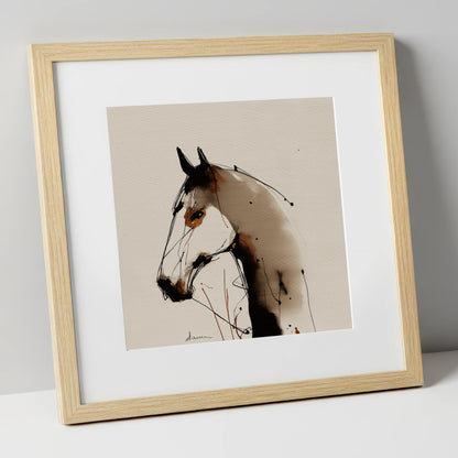 Sepia Ink Silhouette horse portrait art print in natural frame
