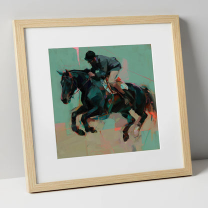 Modern Showjumper show jumping horse art print in natural frame