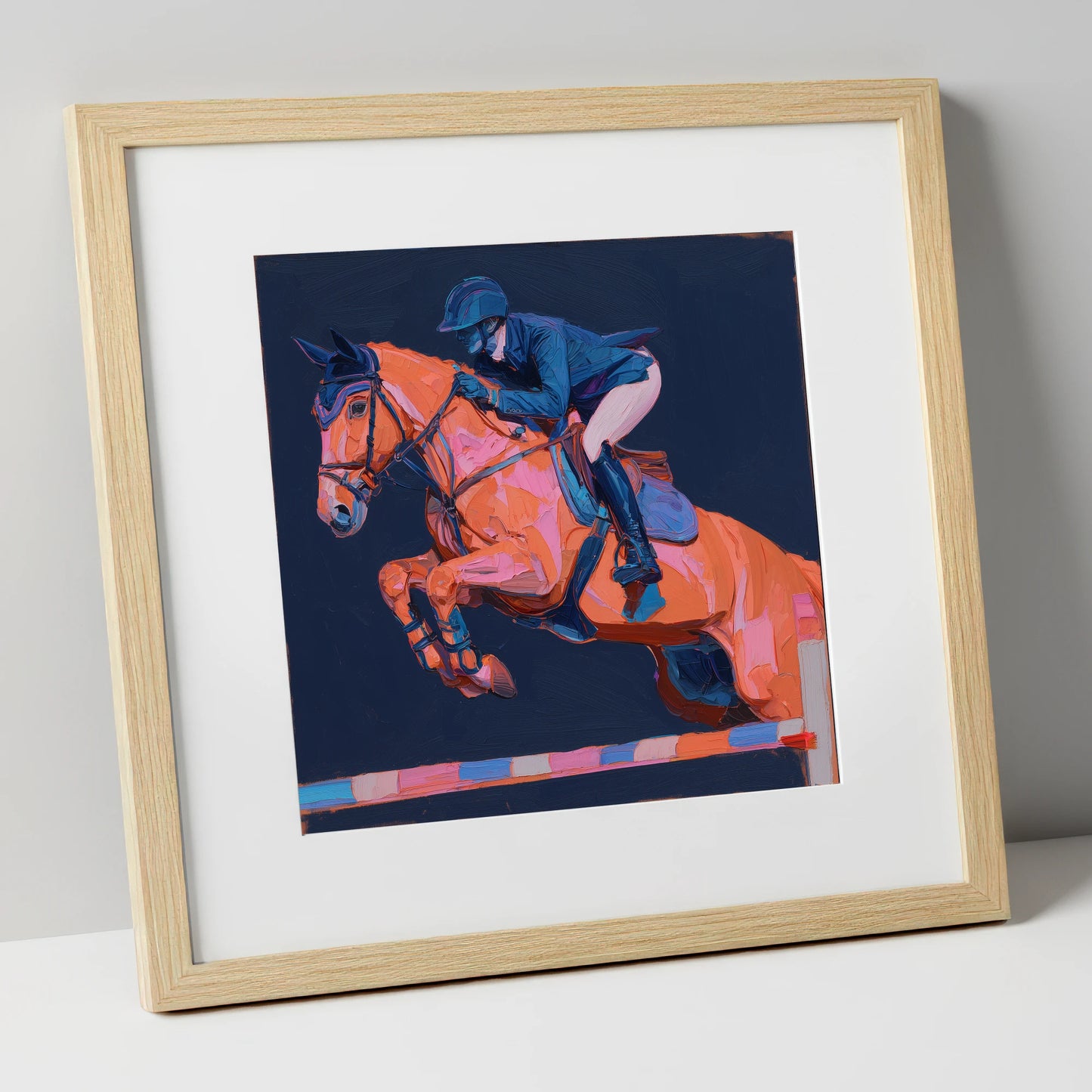 Vivid Flight show jumping horse art print in natural frame