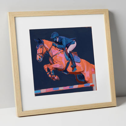 Vivid Flight show jumping horse art print in natural frame