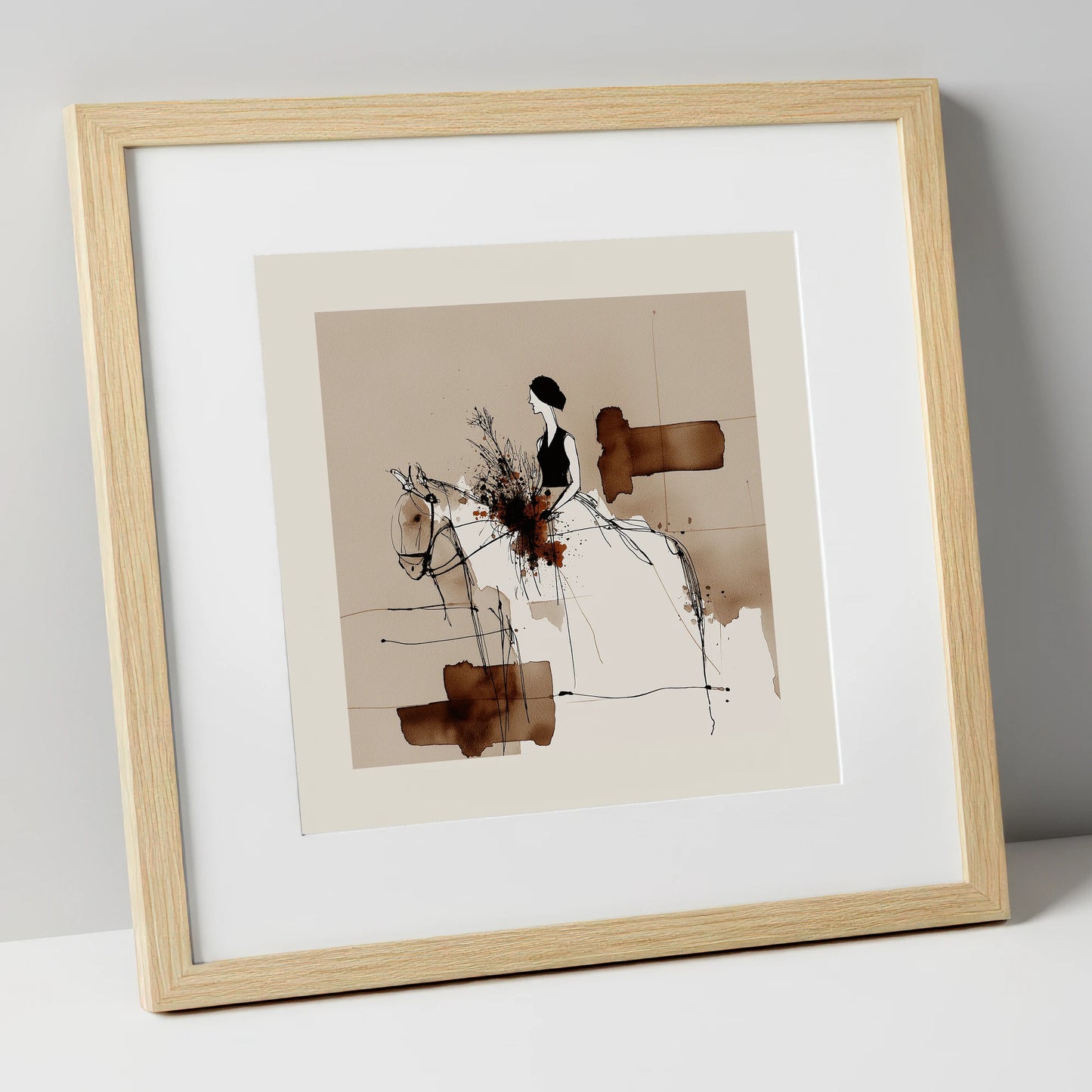 Graceful Partnership horse & rider art print in natural frame