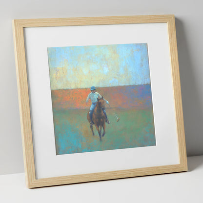 The Midfield Approach polo horse art print in natural frame