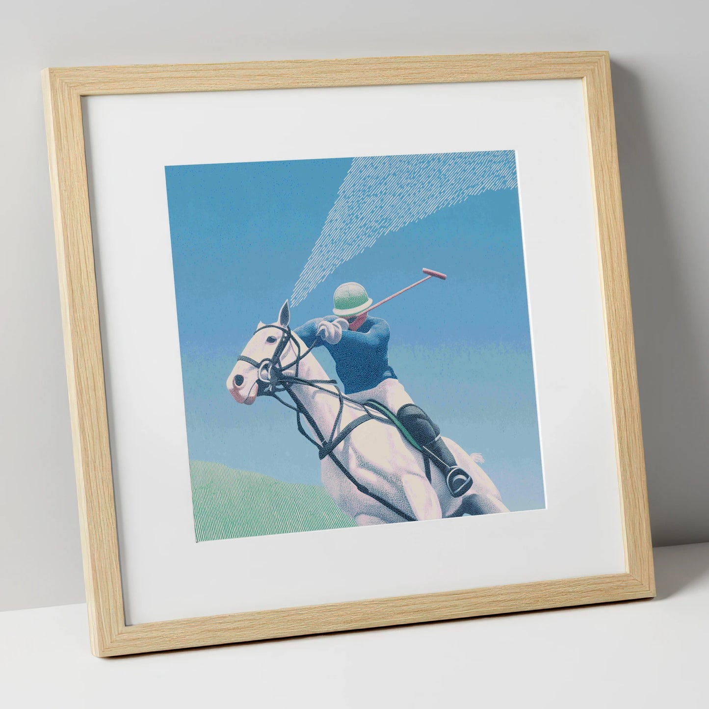 Skyward Swing polo horse art print in natural frame
