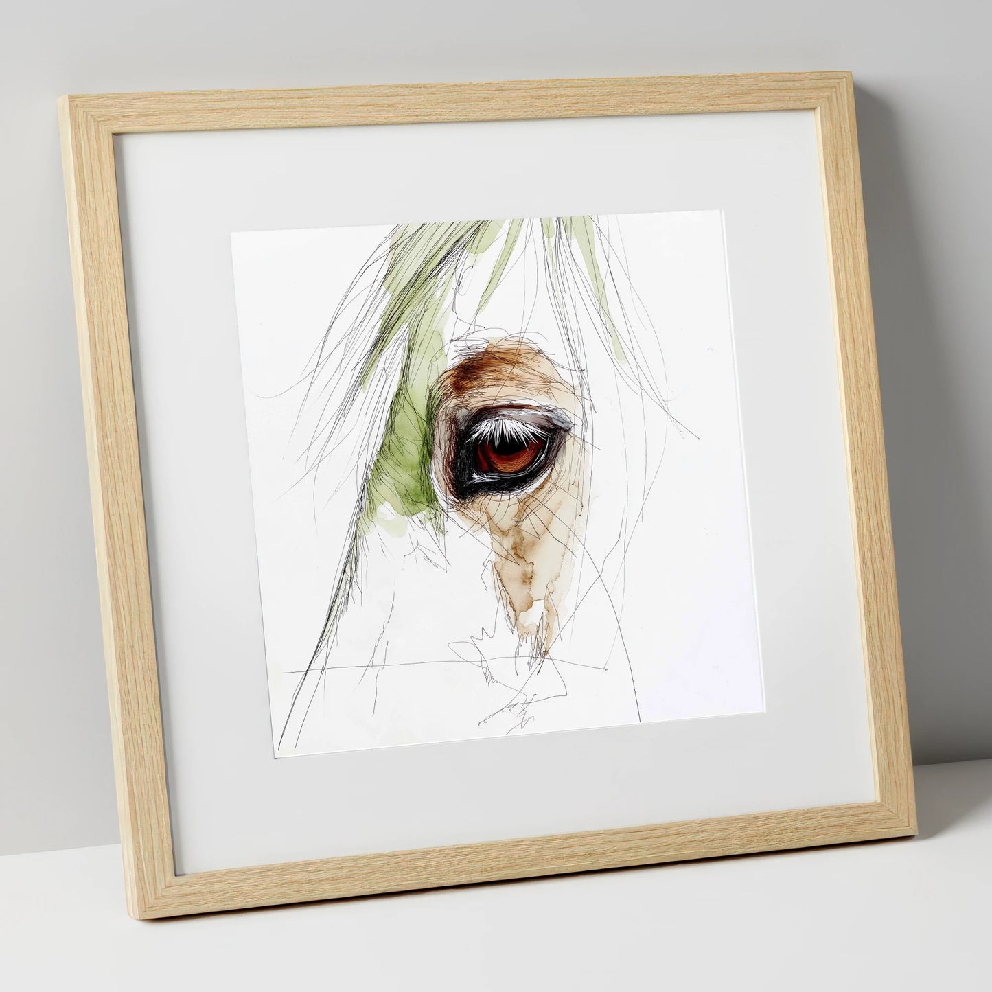 The Amber Gaze horse portrait art print in natural frame