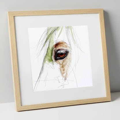 The Amber Gaze horse portrait art print in natural frame