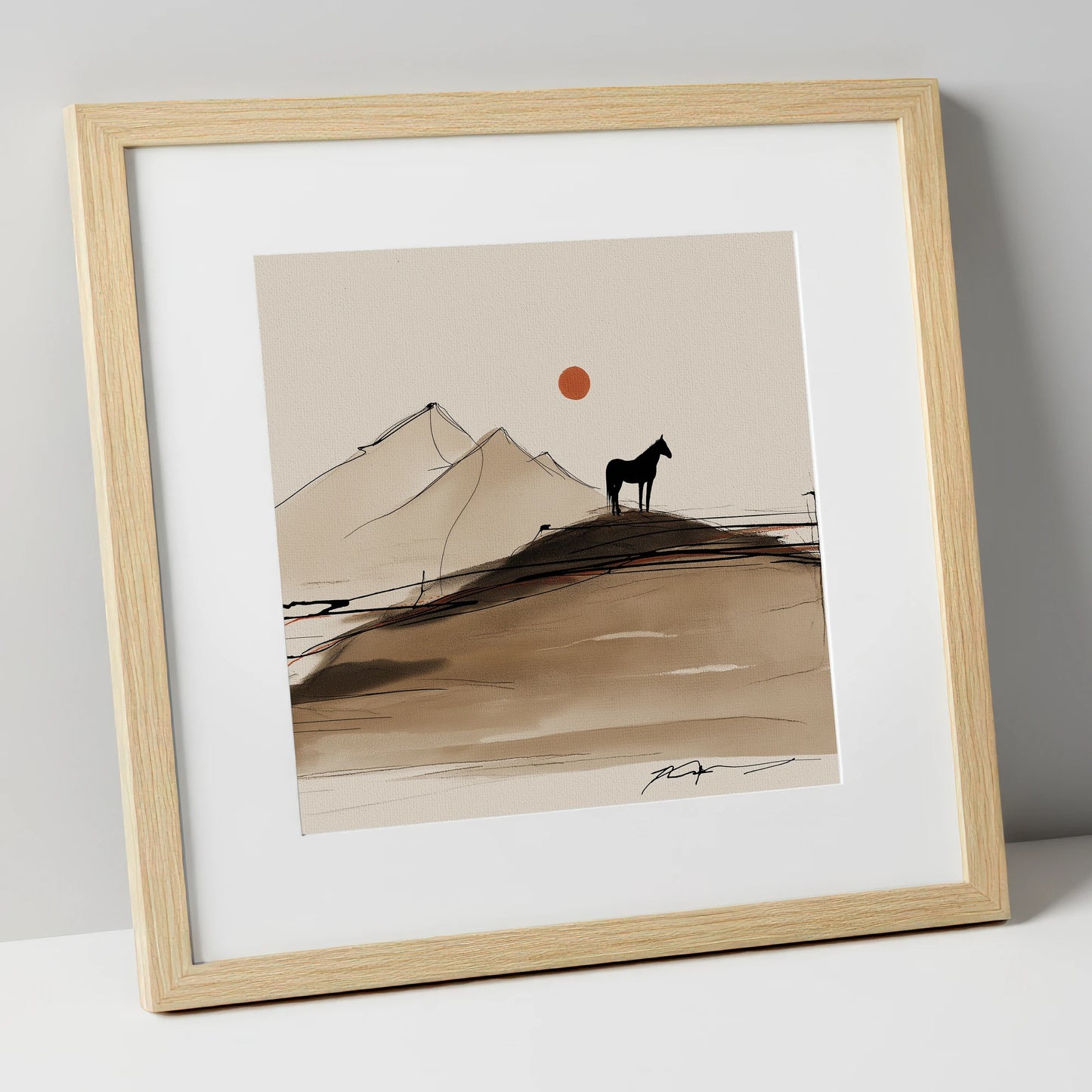 Sepia Ridge Silhouette horse landscape art print in natural frame