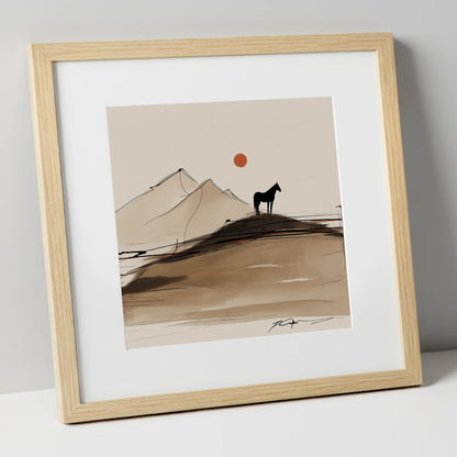 Sepia Ridge Silhouette horse landscape art print in natural frame