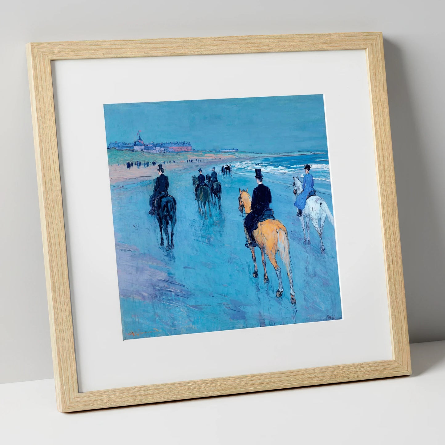 Azure Shore Riders horse landscape art print in natural frame