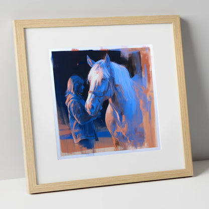 The Cobalt Bond horse & rider art print in natural frame