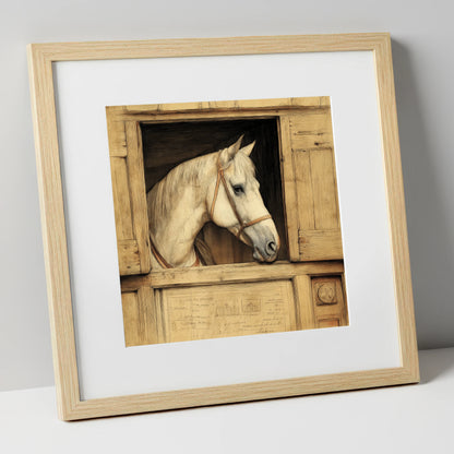The Draftsman's Grey horse stable art print in natural frame