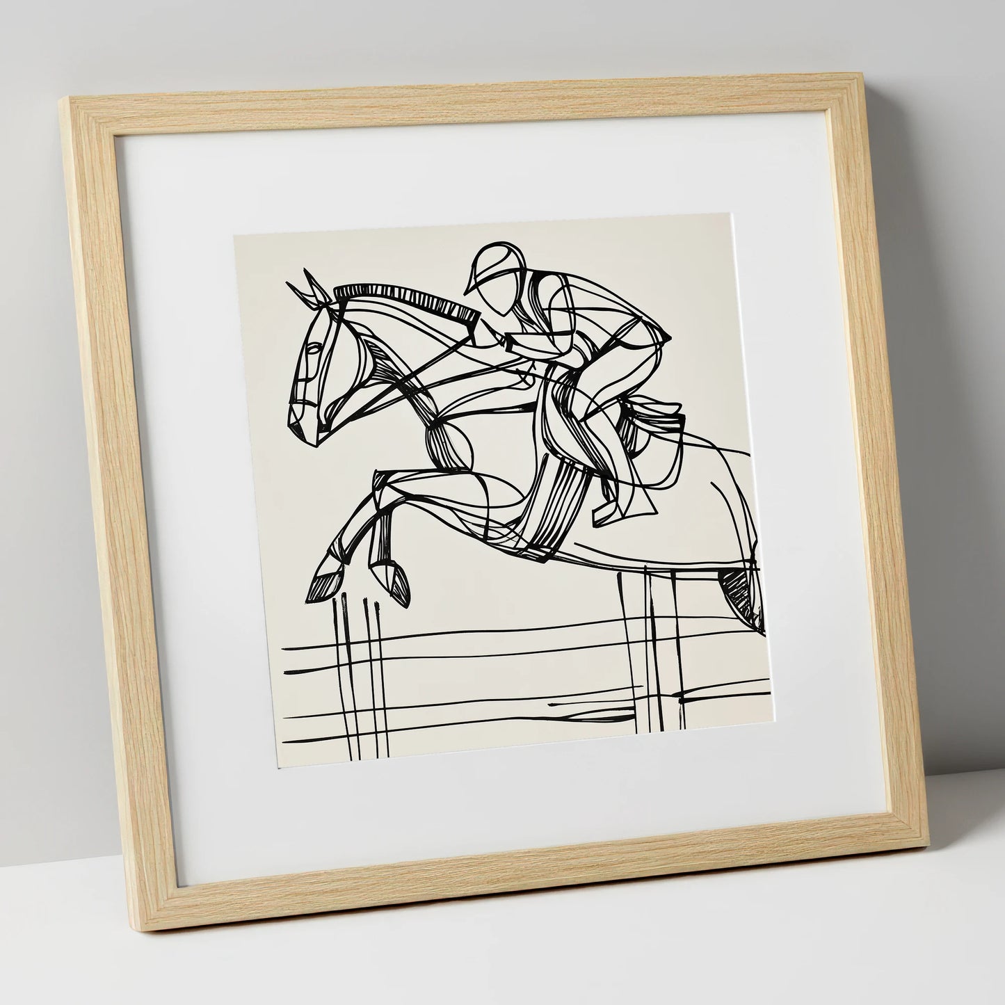 The Perfect Arc show jumping horse art print in natural frame