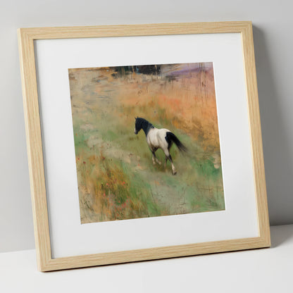 Wandering Piebald horse landscape art print in natural frame