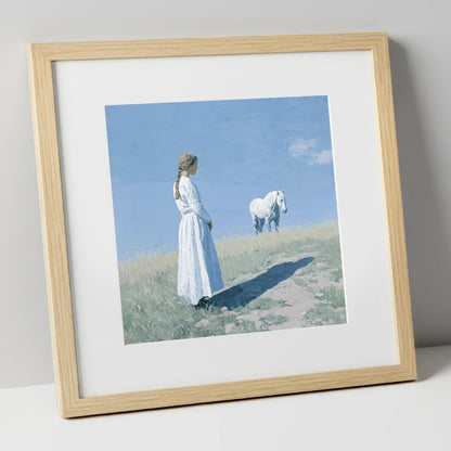 The Quiet Companion horse & rider art print in natural frame