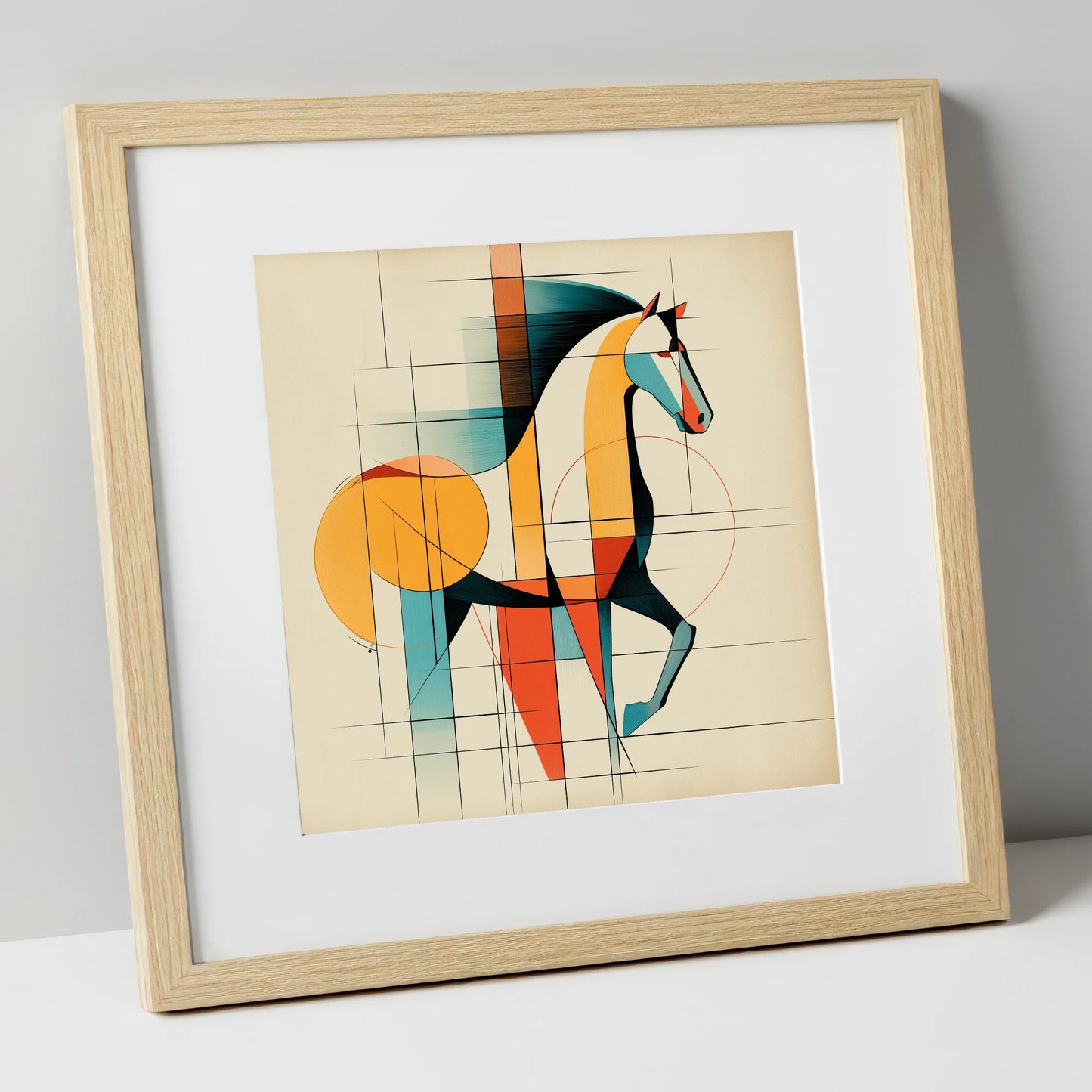 Geometric Equine Profile horse portrait art print in natural frame