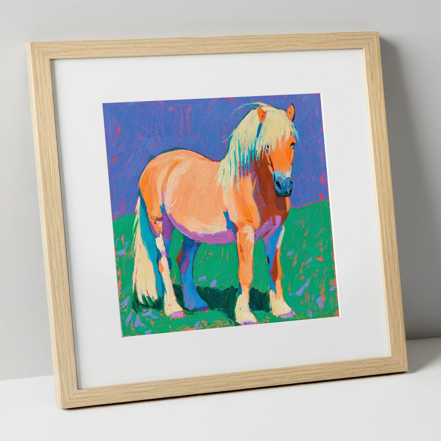 Vibrant Chestnut Pony Portrait horse breed art print in natural frame