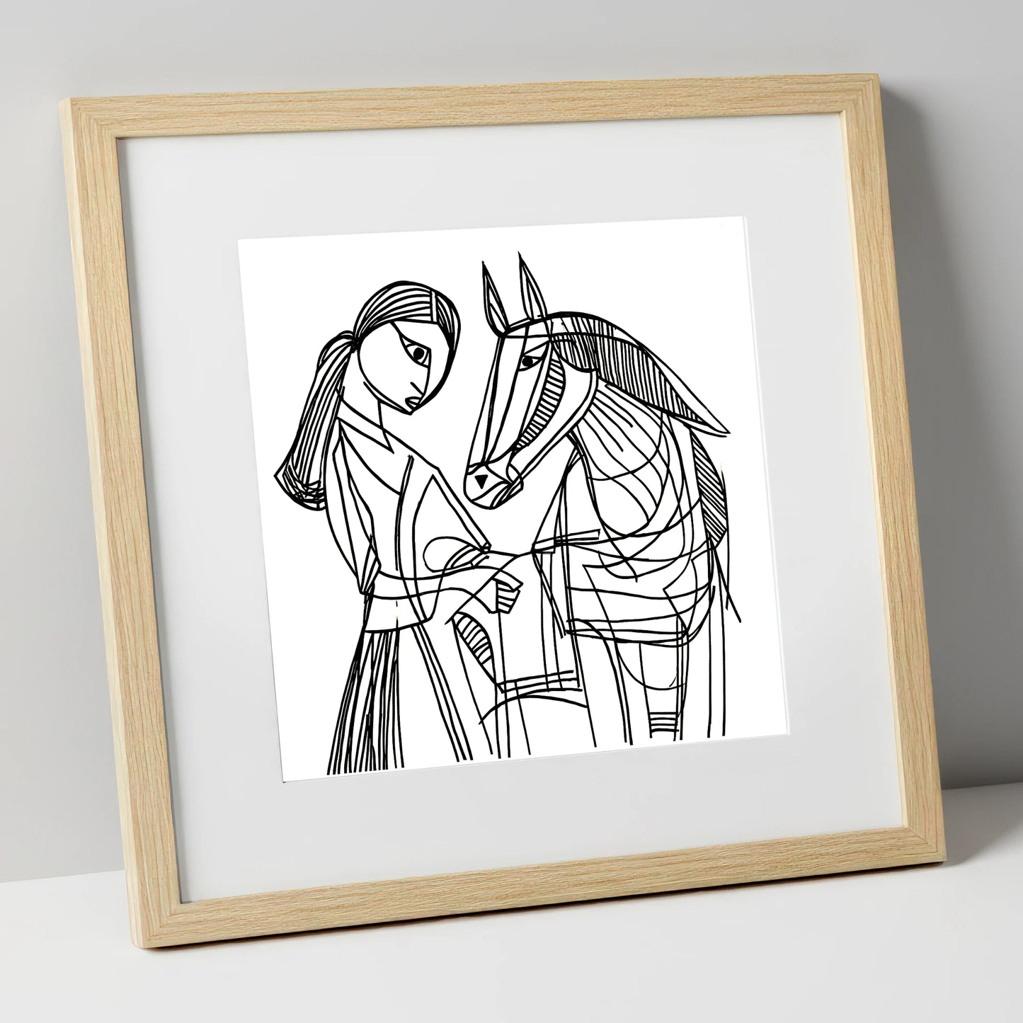 Lines of Connection horse & rider art print in natural frame