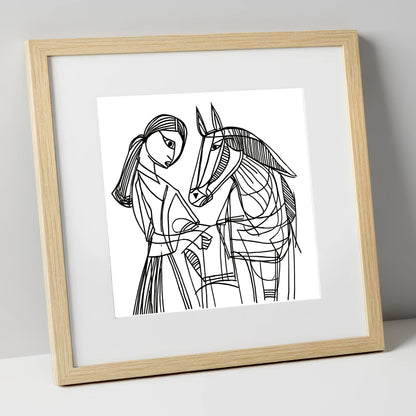 Lines of Connection horse & rider art print in natural frame
