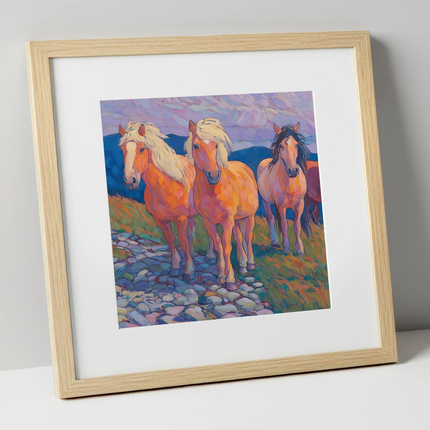 Painted Highland Herd horse landscape art print in natural frame