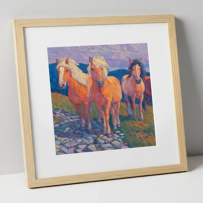 Painted Highland Herd horse landscape art print in natural frame