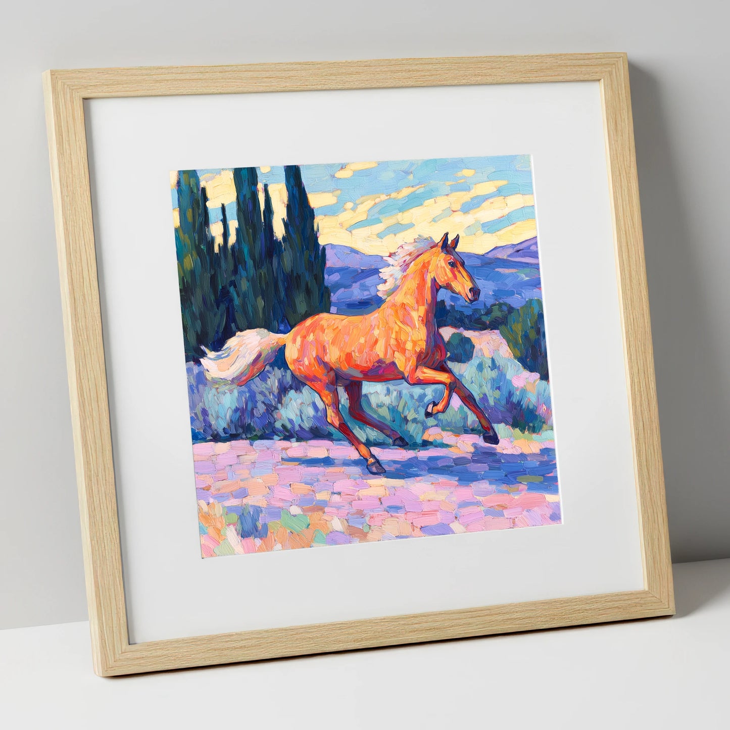 Vibrant Golden Canter horse breed art print in natural frame
