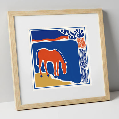 Abstract Azure Grazer horse landscape art print in natural frame